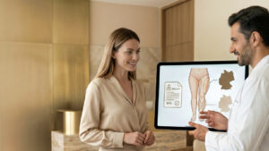 Female patient discussing early lipoedema diagnosis with a clinician during a medical consultation in Dubai.