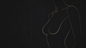 Abstract luxury medical line-art illustration of a female upper-torso silhouette on a dark charcoal background, with antique-gold anatomy guide lines and elegant geometric curves suggesting natural proportion and aesthetic precision.