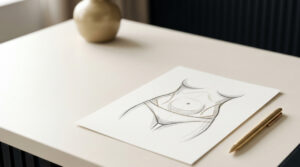 Abstract abdomen sketch on a consultation desk for mini tummy tuck vs full tummy tuck article